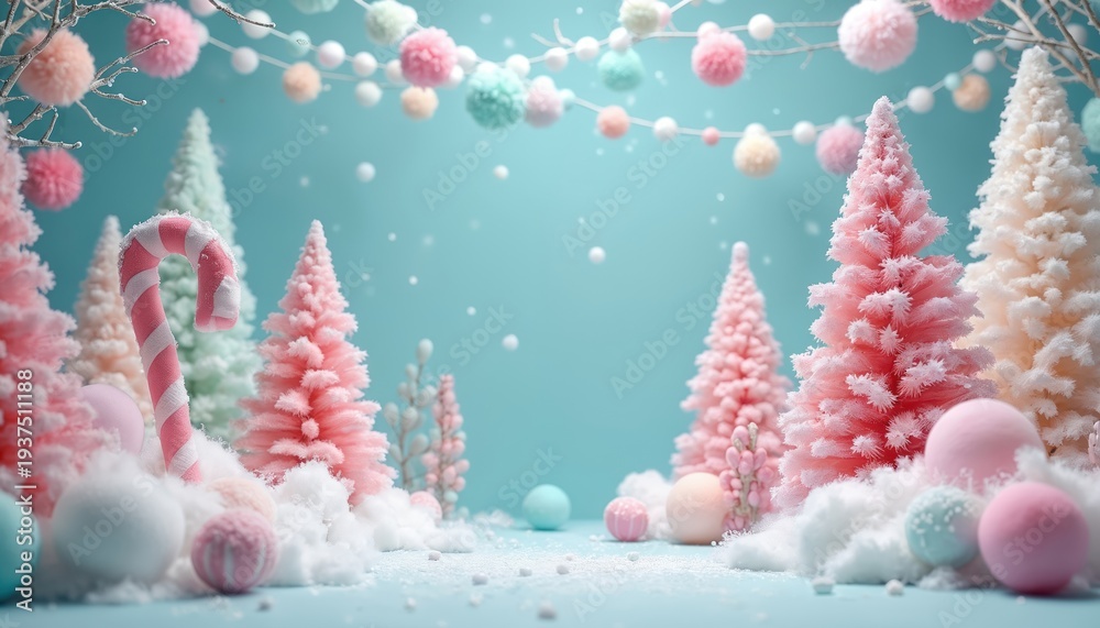 Fototapeta premium Pastel winter wonderland scene with pink candy canes and snow covered mini trees. Soft pompom garlands hang above, creating a dreamy holiday mood. Sweet pastel decor adds a festive touch for winter.