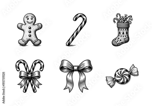 Set of Christmas holiday sweets and decorations featuring gingerbread man, candy canes, festive stocking, bow, and peppermint candy in vintage engraving style