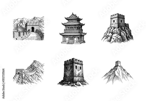 Set of black and white hand drawn sketches featuring ancient Chinese fortification architecture, watchtowers, and traditional pagoda structures in an engraved style