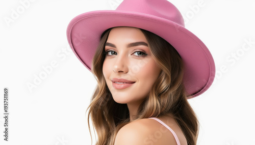Serene Style: A young woman in a chic pink hat exudes grace and sophistication with a captivating gaze.