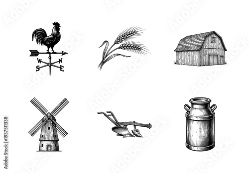 Set of vintage rustic farm and agriculture icons in black and white woodcut engraving style including windmill barn and plow