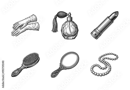 Vintage lady beauty and fashion accessory set featuring engraved illustrations of gloves, perfume bottle, lipstick, hairbrush, hand mirror, and pearl necklace.