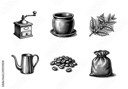 Vintage engraving style coffee collection featuring manual grinder, ceramic cup, coffee branch, gooseneck kettle, roasted beans, and burlap sack