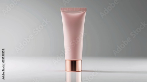 Minimal product shot of a light pink cosmetic tube with a copper cap, against a soft grey gradient background
