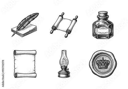 Vintage collection of medieval writing and correspondence icons featuring quill, scrolls, inkwell, oil lamp, and wax seal in a detailed woodcut engraving style.