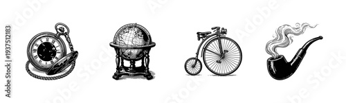 Collection of vintage hand drawn icons featuring a pocket watch globe penny farthing bicycle and smoking pipe in a classic black and white woodcut engraving style