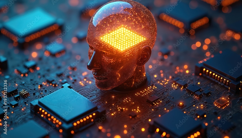 custom made wallpaper toronto digitalHuman head with glowing CPU inside on circuit board. Digital brain, artificial intelligence concept. Tech overload, modern mind pressure, cybernetic future.