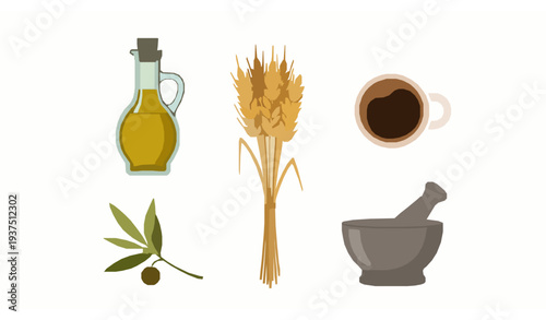 Natural ingredients vector illustration set with olive oil coffee wheat and mortar pestle isolated on white