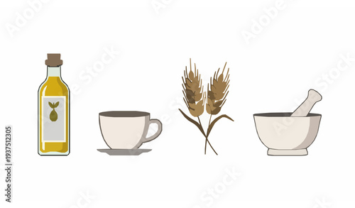 Minimal natural ingredient line art vector set with olive oil coffee wheat and mortar pestle isolated
