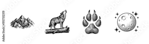 Vintage engraving style wolf and wilderness illustration set including mountain range howling wolf paw print and full moon.