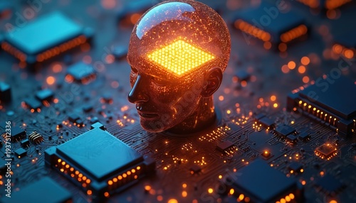 Wallpaper Mural Human head with glowing CPU inside on circuit board. Digital brain, artificial intelligence concept. Tech overload, modern mind pressure, cybernetic future. Torontodigital.ca