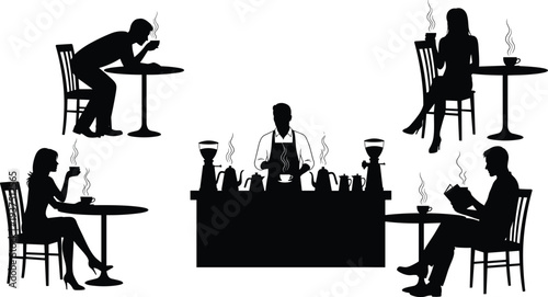 Black silhouette collection of a barista and customers drinking coffee and reading at cafe tables isolated on white background vector illustration