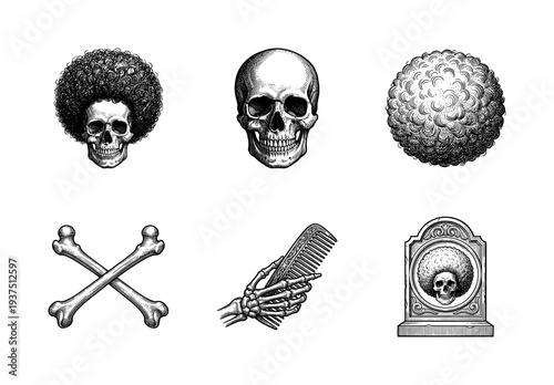 Vintage engraving style collection of skull illustrations with afro hair, crossbones, skeleton hand with comb, and ornate tombstone.