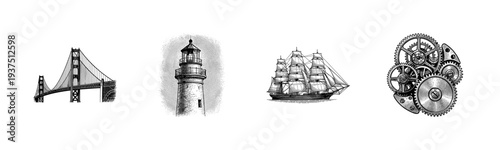 Set of vintage woodcut style illustrations featuring a suspension bridge, coastal lighthouse, tall sailing ship, and mechanical clockwork gears.