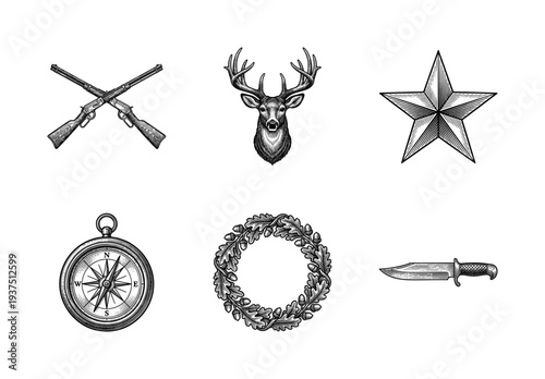 Vintage outdoor and hunting engraving collection featuring deer head, crossed rifles, compass, oak wreath, star, and bowie knife in woodcut style