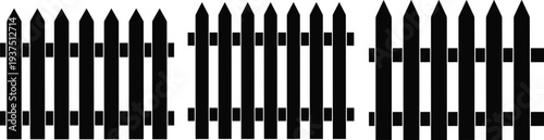 Black silhouette collection of wooden picket fence sections with pointed tops isolated on white background for garden and backyard boundary design