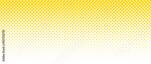 Square pixel halftone gradient texture. Fading checkered gradation wallpaper. Yellow squared dot background. Abstract vanishing comic pop art backdrop. Vector repeated raster effect overlay