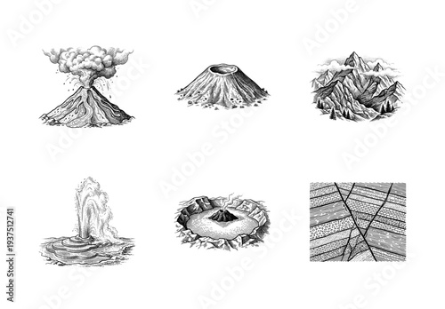 Set of vintage hand drawn geological landforms featuring volcanoes geysers mountain ranges and tectonic fault lines in a detailed engraving style.