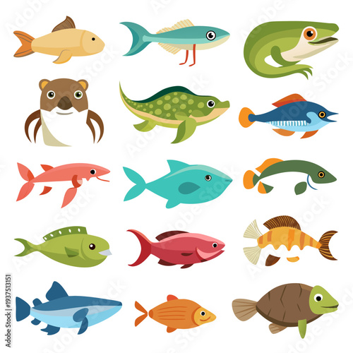 Collection of Cartoon Fishes and Aquatic Animal Illustrations