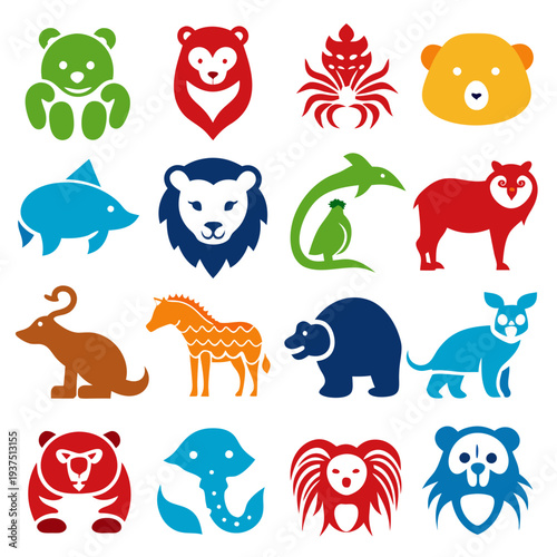 Collection of Colorful Stylized Animal Icons on White Background