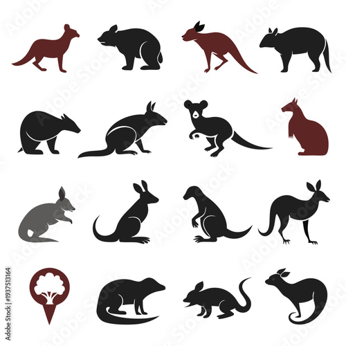 Silhouetted Australian animal vector icons on white background design