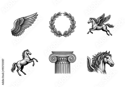 Set of classic woodcut style illustrations featuring pegasus mythical horses laurel wreaths and ancient greek architectural columns for vintage design