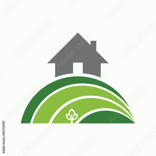 House silhouette on green rolling hills logo design template for real estate agriculture or landscaping projects featuring organic farm lands and sustainable living environment icons