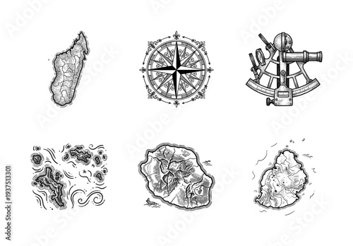 Vintage nautical navigation and map collection featuring islands of the Indian Ocean in detailed monochrome engraving style