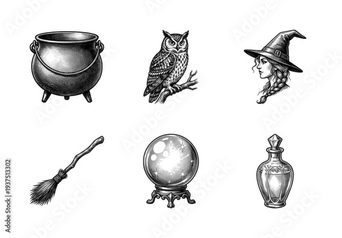 Vintage engraving set of witch and wizard occult icons including cauldron owl hat broom crystal ball and potion bottle in black ink style
