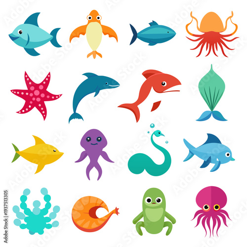 Cartoon set of aquatic animals and ocean creatures