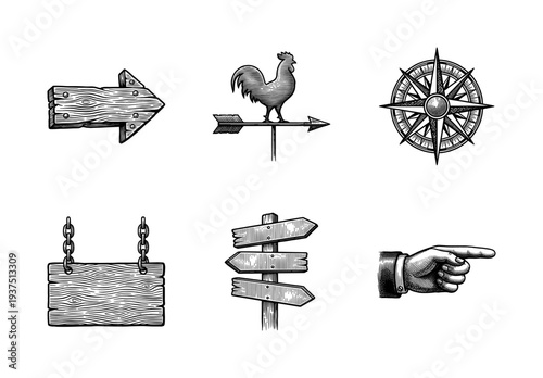 Vintage engraving style navigation and directional icons featuring wooden signs, a rooster weather vane, compass rose, and pointing hand.