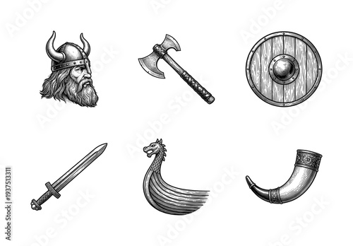 Vintage viking warrior illustration set featuring a horned helmet portrait, battle axe, wooden shield, sword, longship prow, and ornate drinking horn in woodcut style.