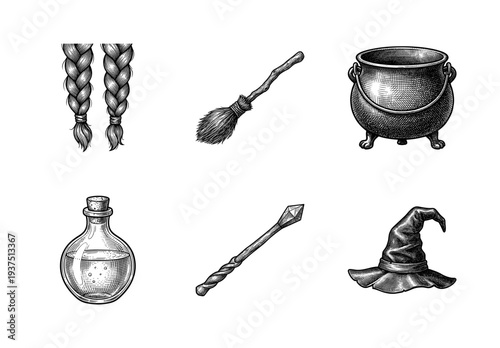 Vintage engraving style collection of mystical witchcraft icons featuring a cauldron broomstick potion bottle magic wand pointed hat and braided hair