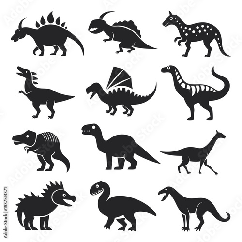 Collection of nine different dinosaur species in silhouette style