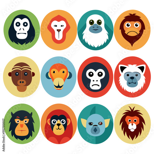 Collection of twelve monkey heads in flat vector style