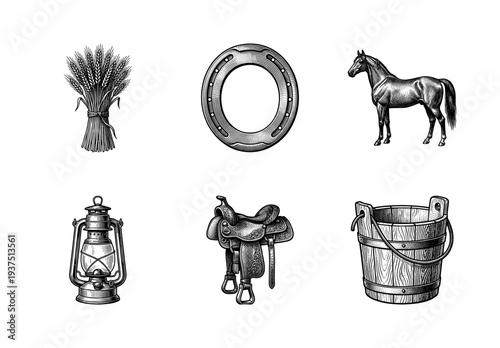 Vintage ranch and farm life set featuring hand drawn illustrations of a horse, saddle, lantern, wheat, and wooden bucket in woodcut style.