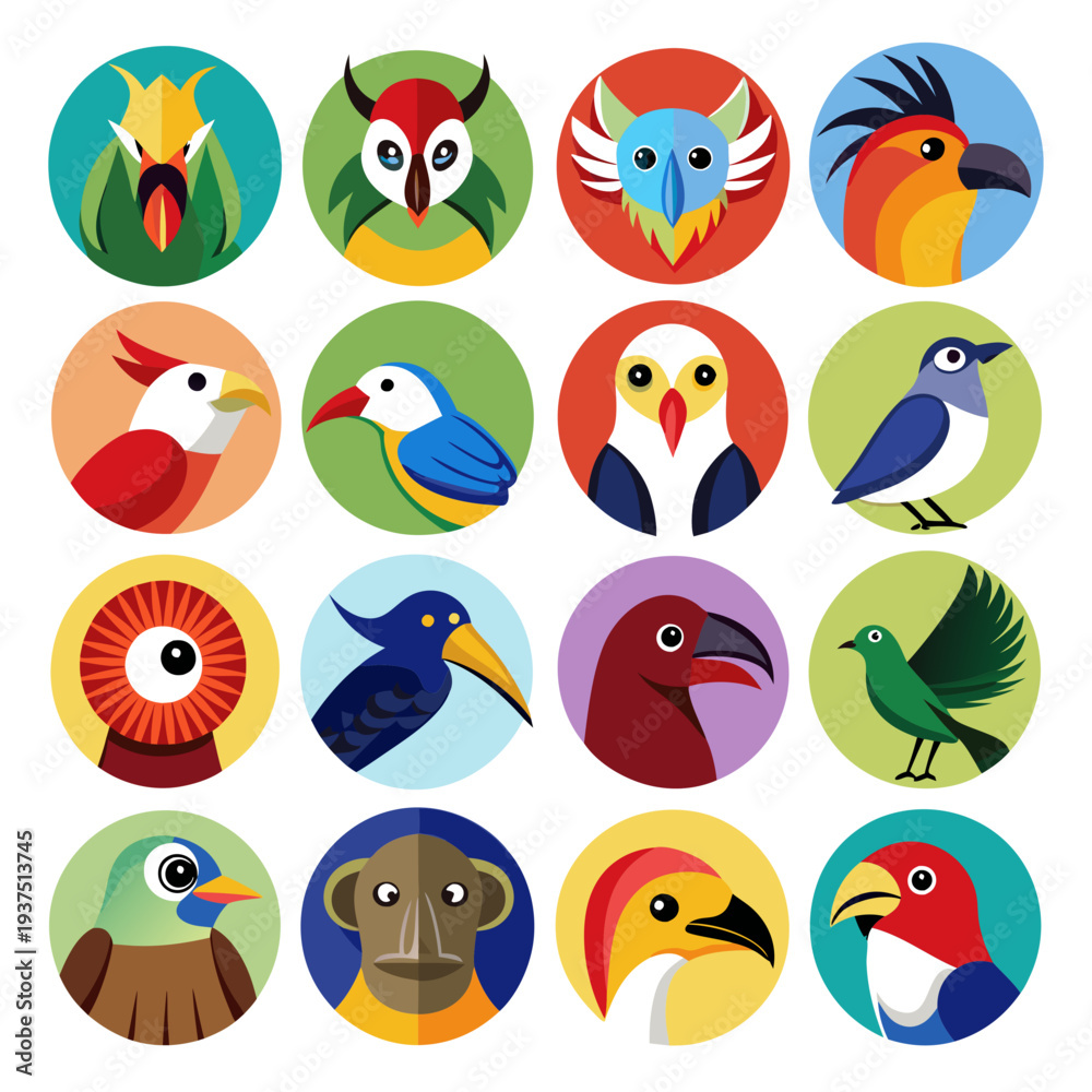 Obraz premium Collection of colorful bird icons in a flat design