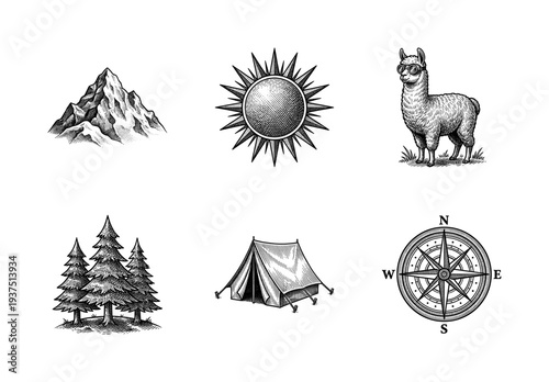 Vintage woodcut style outdoor adventure icons featuring a mountain peak sun llama with goggles pine trees camping tent and nautical compass rose