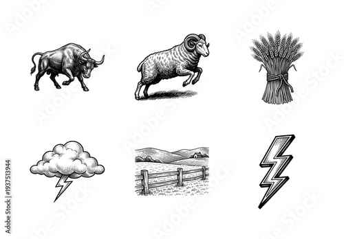 Vintage woodcut style illustration set featuring farm animals, wheat sheaf, lightning bolts, and a rural countryside landscape in black and white line art