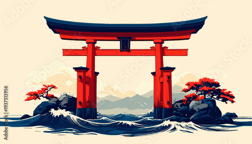 Japanese Torii Gate Illustration on Water.