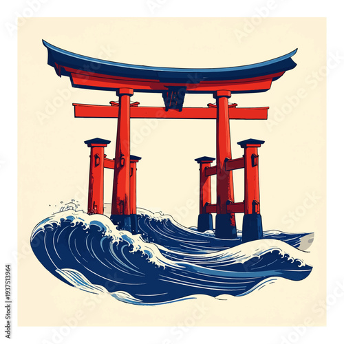 Japanese Torii Gate with Wave Illustration.