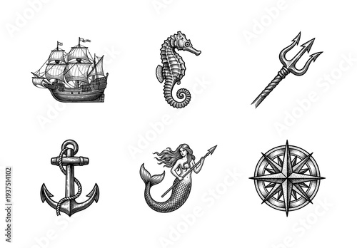 Vintage nautical woodcut illustration collection featuring a galleon ship, seahorse, trident, anchor, mermaid with spear, and ornate compass rose