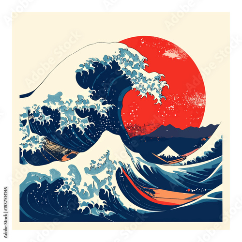 Large Ocean Wave Crashing Against Sunset.