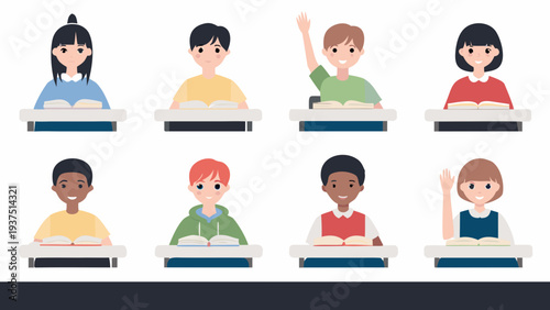 Diverse group of students reading and raising hands in a classroom