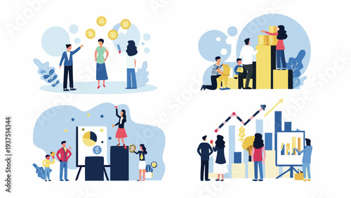 Financial growth and success illustrated through diverse business scenarios