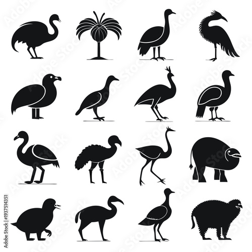 Black silhouette variations of birds and one tree icon