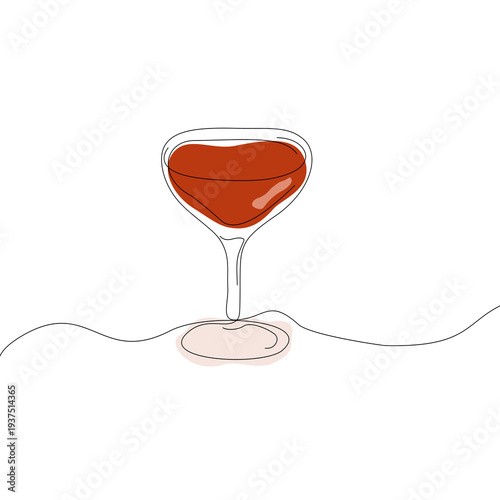 Minimalist one-line vector illustration of a red wine glass with a heart-shaped silhouette. Symbolizes romantic dates, wine tasting, and emotional celebration.