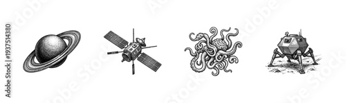 Set of monochrome hand drawn space and sci-fi illustrations featuring a ringed planet, satellite, alien creature, and planetary lander in a vintage stippled engraving style.