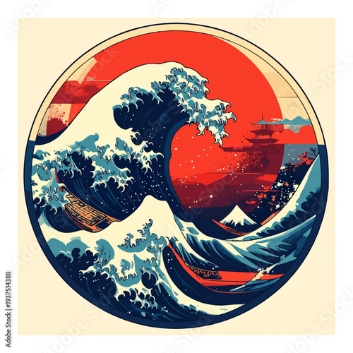 Stylized Wave Illustration in Circle Frame.