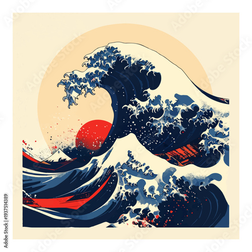 Stylized Wave Illustration with Red Sun 1.